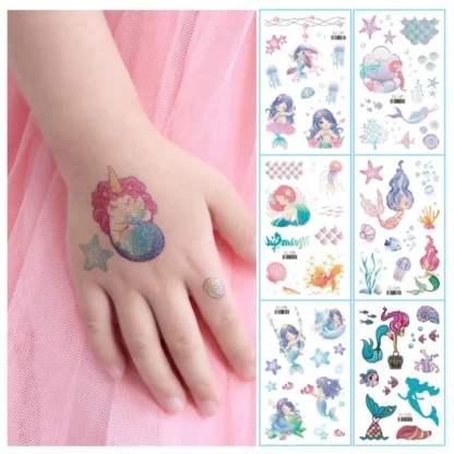 Tatuaje temporal de sirena en polvo con purpurina para niños, pegatina desechable de animales de dibujos animados, impermeable, lindo