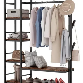 Free-standing Open Closet with Hooks, Metal Clothes Shelf Garment Rack with Shelves and Hanging Rod, Heavy Clothing Closet Organ