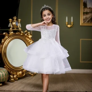 Vestido de princesa de encaje para niñas, Manga corta hasta la rodilla, vestido de baile de verano, vestido de fiesta para niñas de 3 a 13 años