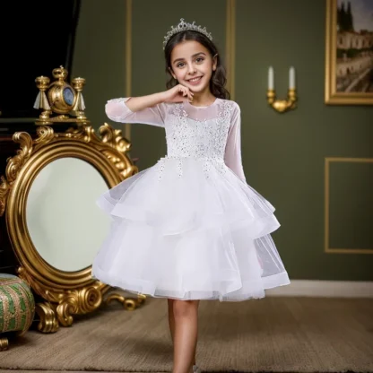 Vestido de princesa de encaje para niñas, Manga corta hasta la rodilla, vestido de baile de verano, vestido de fiesta para niñas de 3 a 13 años