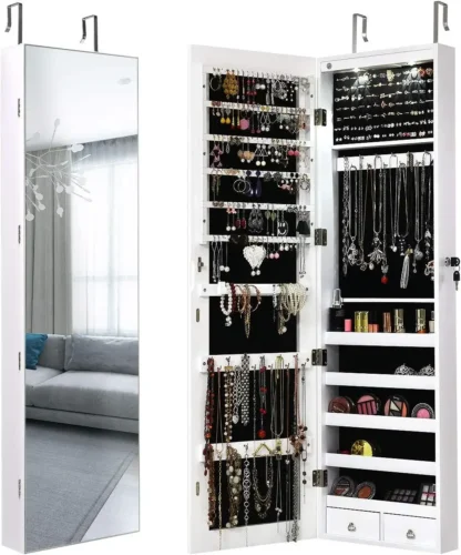 Gabinete de joyería con puerta de pared con espejo de longitud completa, organizador de joyas de almacenamiento grande con cerradura de 2 LED con espejo de 47,5 pulgadas, B