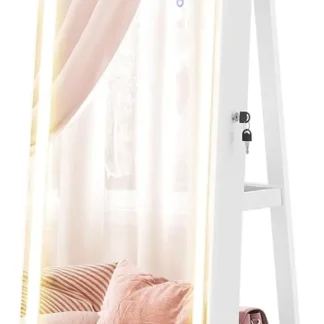 LED Mirror Jewelry Cabinet Standing, Lockable Jewelry with Full-Length Mirror and Adjustable LED Lights, Space