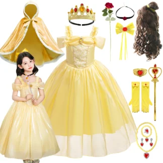 Vestido de princesa bella de Halloween para niñas, vestido largo sin hombros, amarillo, elegante, peluca de disfraz de Hada de la Bella Bestia, fiesta de noche