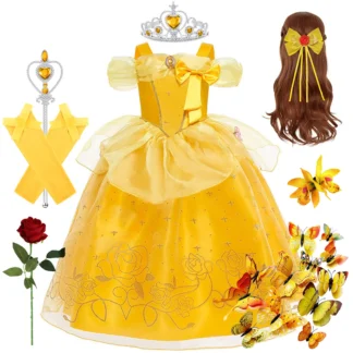 Disfraz de princesa para niños, Vestido Floral de Bella, Bella, bestia, fantasía, trajes de carnaval, fiesta de Halloween, Vestido elegante