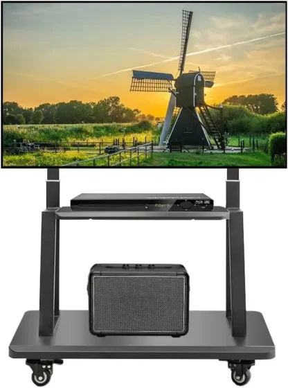 Carro de TV, carro de TV enrollable con ruedas, base de soporte de suelo resistente ajustable en altura para pantalla plana OLED LED LCD de 42-86 pulgadas S