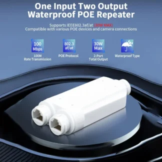 Repetidor de 2 puertos POE resistente al agua, extensor IP66 de 10/100Mbps de 1 a 2 PoE con IEEE802.3af/at 48V para exteriores, para cámara de interruptor POE