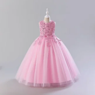 Vestido largo para niños con bordado de perlas y velo esponjoso, vestido de noche de actuación de Piano bordado de princesa para niña inferior