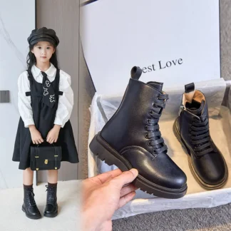 Botas largas de piel de microfibra para niña, botines de algodón de tubo alto con cordones y punta redonda, a la moda