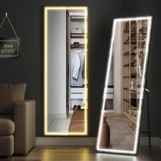 Espejo de longitud completa con luces, espejo de cuerpo completo de 63 "x 16" con luz, espejo de piso iluminado independiente, espejo LED montado en la pared