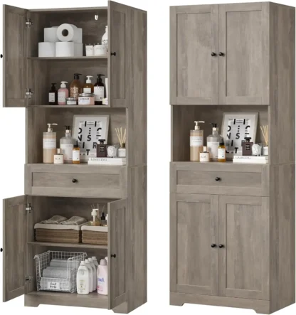 Gabinetes de almacenamiento altos para baño con 4 puertas, estantes y cajones, gabinete de lino moderno para granja, gabinete de almacenamiento de 67 pulgadas de alto