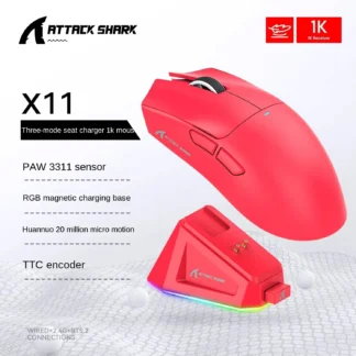 ATTACK SHARK X11 Sensor de ratón para juegos inalámbrico ligero de tres modos PAW3311 con carga RGB accesorio óptico de ordenador 22K DPI