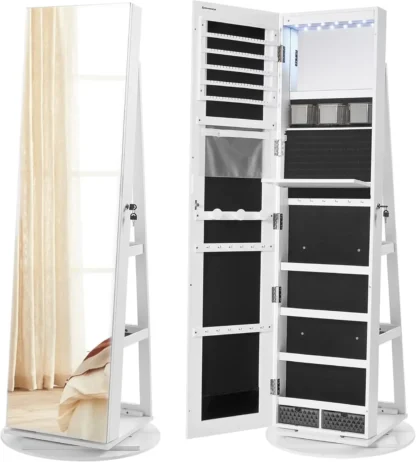 Gabinete de joyería con espejo con cerradura de 6 LED, 360 °   Organizador de joyas giratorio, armario de joyería de pie, 3 estantes de almacenamiento, superficie blanca