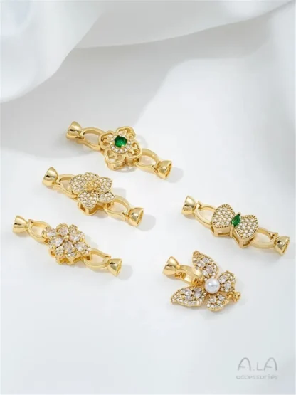 Microconjunto de circonita de oro de 14K con forma de flor, pajarita de mariposa, hebilla de perla, pulsera DIY, collar, accesorios de hebilla de conexión