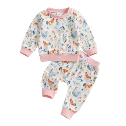 Conjunto de 2 piezas de otoño para niñas pequeñas, manga larga, cuello redondo, estampado floral de pollo, conjunto de pantalones con cordón