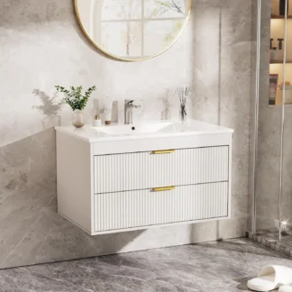Tocador de baño flotante de 30 pulgadas con lavabo, tocador flotante de baño montado en la pared con lavabo de cerámica, 2 cajones, puertas de cierre suave,