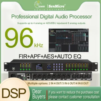 Procesador de audio digital SenMicre DPA0408RTS para escenarios profesionales, DSP de 32 bits, ecualizador automático de 16 bandas con entrada y salida AES, filtro FIR, equipo de audio para altavoces de 96 KHz