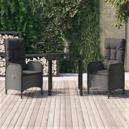 Juego de comedor para patio de ratán sintético negro de 3 piezas con cojines: muebles de exterior elegantes