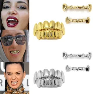 Juego de parrillas superiores e inferiores con dientes de HIP HOP chapados en oro y plata con juegos de dientes de vampiro brillantes reales de silicona con pinzas médicas