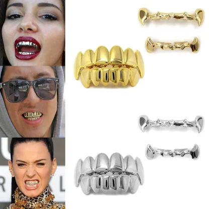 Juego de parrillas superiores e inferiores con dientes de HIP HOP chapados en oro y plata con juegos de dientes de vampiro brillantes reales de silicona con pinzas médicas