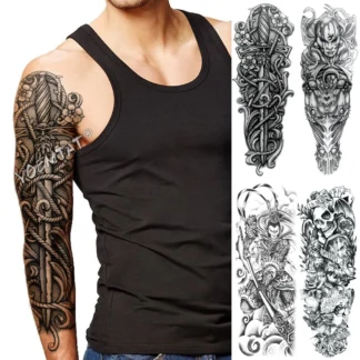 Tatuaje de manga de brazo grande para hombres y mujeres, Espada de la vieja escuela, impermeable, tatuaje temporal, pegatina, cuerda, Guerrero potente, tótem completo