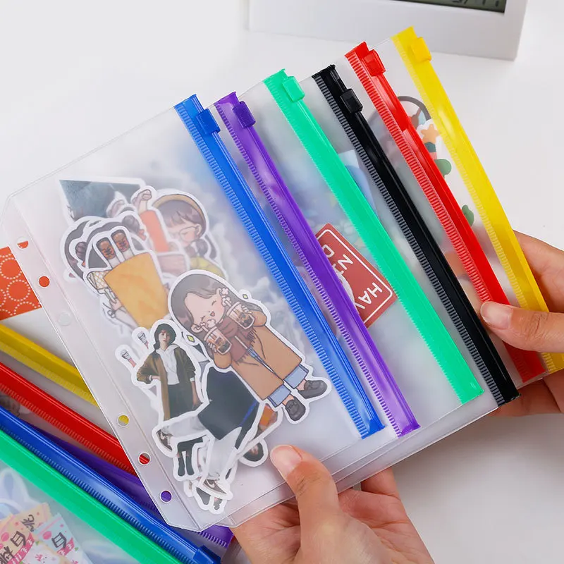 Bolsas transparentes A5 A6 de PVC con 6 agujeros, bolsa colorida con cremallera, accesorio para portátil, tarjetero, planificador diario, Passpor, 6 uds.