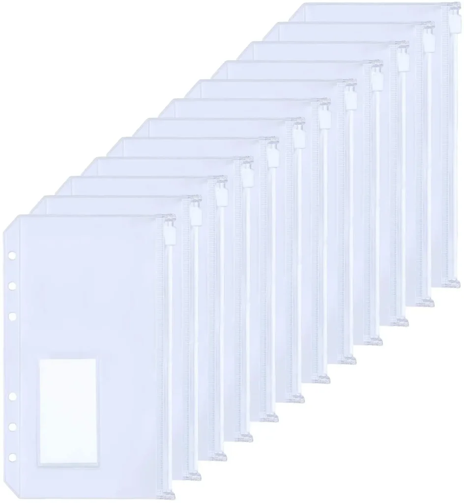 Bolsillos de carpeta de tamaño A5/A6 con etiqueta, sobres de cremallera de presupuesto de efectivo de PVC, bolsas de carpeta de 6 agujeros para cuaderno, 12 Uds.