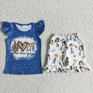 Ropa de moda de amor de la paz para niña, camisa Tie Dye azul de Boutique de verano, pantalones cortos con volantes de Doctor, conjunto para niños, venta al por mayor