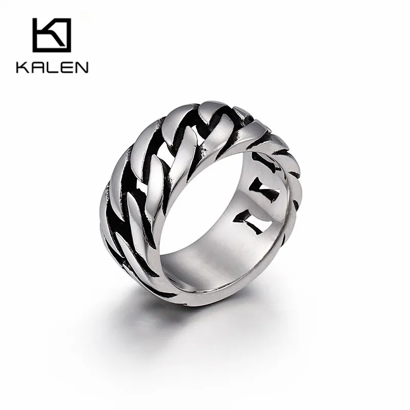 Anillo de cadena de eslabones cubanos KALEN para hombre, tamaño 8-12, acero inoxidable pulido alto, anillos de dedo de eslabones de cadena de 10mm, joyería de motorista barata