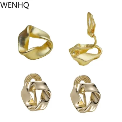 WENHQ-pendientes de aro con Clip para mujer, aretes geométricos minimalistas dorados Vintage, bonitos sin perforaciones, regalo de joyería de tendencia 2021