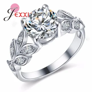 Venta al por mayor, anillo de plata 925 con aguja para mujer, anillo de hoja con diseño de cristales brillantes a la moda para mujer, regalo de aniversario para novia