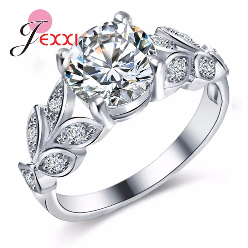 Venta al por mayor, anillo de plata 925 con aguja para mujer, anillo de hoja con diseño de cristales brillantes a la moda para mujer, regalo de aniversario para novia