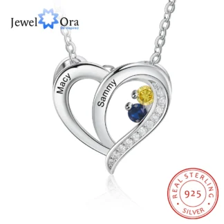 JewelOra-collar de plata de ley 925 con nombre personalizado para madres, colgante de corazón grabado con piedra natal, joyería fina S925