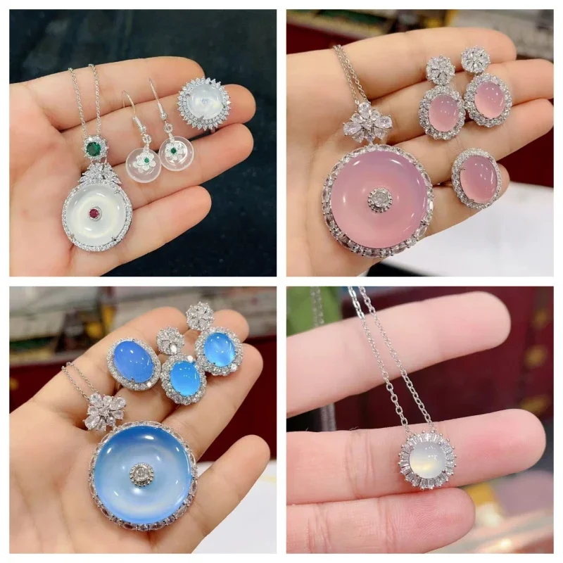 Juego de colgante con hebilla de seguridad de Calcedonia blanca tipo hielo con incrustaciones plateadas, pendientes de ágata blanca, collar de anillo, juego de jade.
