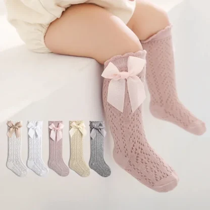 Calcetines hasta la rodilla con lazo de encaje para niñas, medias largas de malla de algodón suave, 5 pares, 0 a 3 años