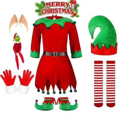 Girl 4 Pieces Christmas Elf Cosplay Costume Dress+Hat+Socks+Shoes Covers Kids 1-16Yrs Teen Xmas Season Party Pixie Fairy Clothes