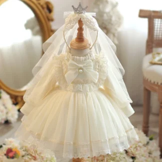 Vestidos de flores para niña, tutú de cumpleaños, boda, encaje, vestidos de princesa para niños, fiesta de bautismo, vestido de tul esponjoso + Headwea, 1 año