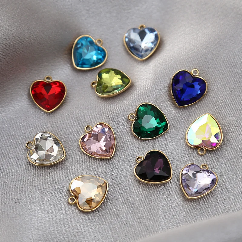 Colgantes de cristal de acero inoxidable para fabricación de joyas, dijes de corazón para collares, pulseras, 12 colores, 10 piezas, 13x15mm