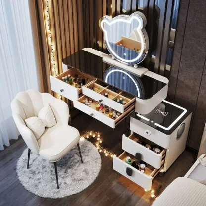 Tocador inteligente moderno con carga inalámbrica, mesa de maquillaje de cristal avanzada, Audio para dormitorio, mesita de noche inteligente