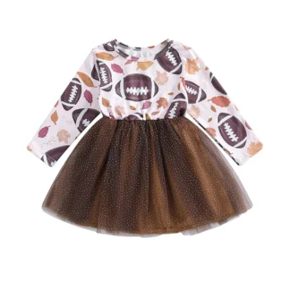 Vestido informal de manga larga para niñas, vestido de cuello redondo, estampado de Rugby, Patchwork de tul, otoño
