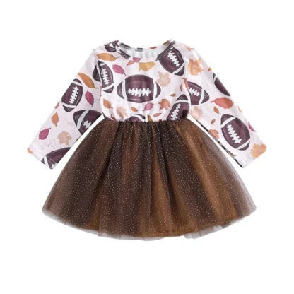 Vestido informal de manga larga para niñas, vestido de cuello redondo, estampado de Rugby, Patchwork de tul, otoño