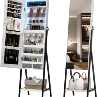 Gabinete de joyería con espejo de 3 LED de pie, espejo de joyería de 42,5" de longitud completa con almacenamiento, órgano independiente para gabinete de joyería