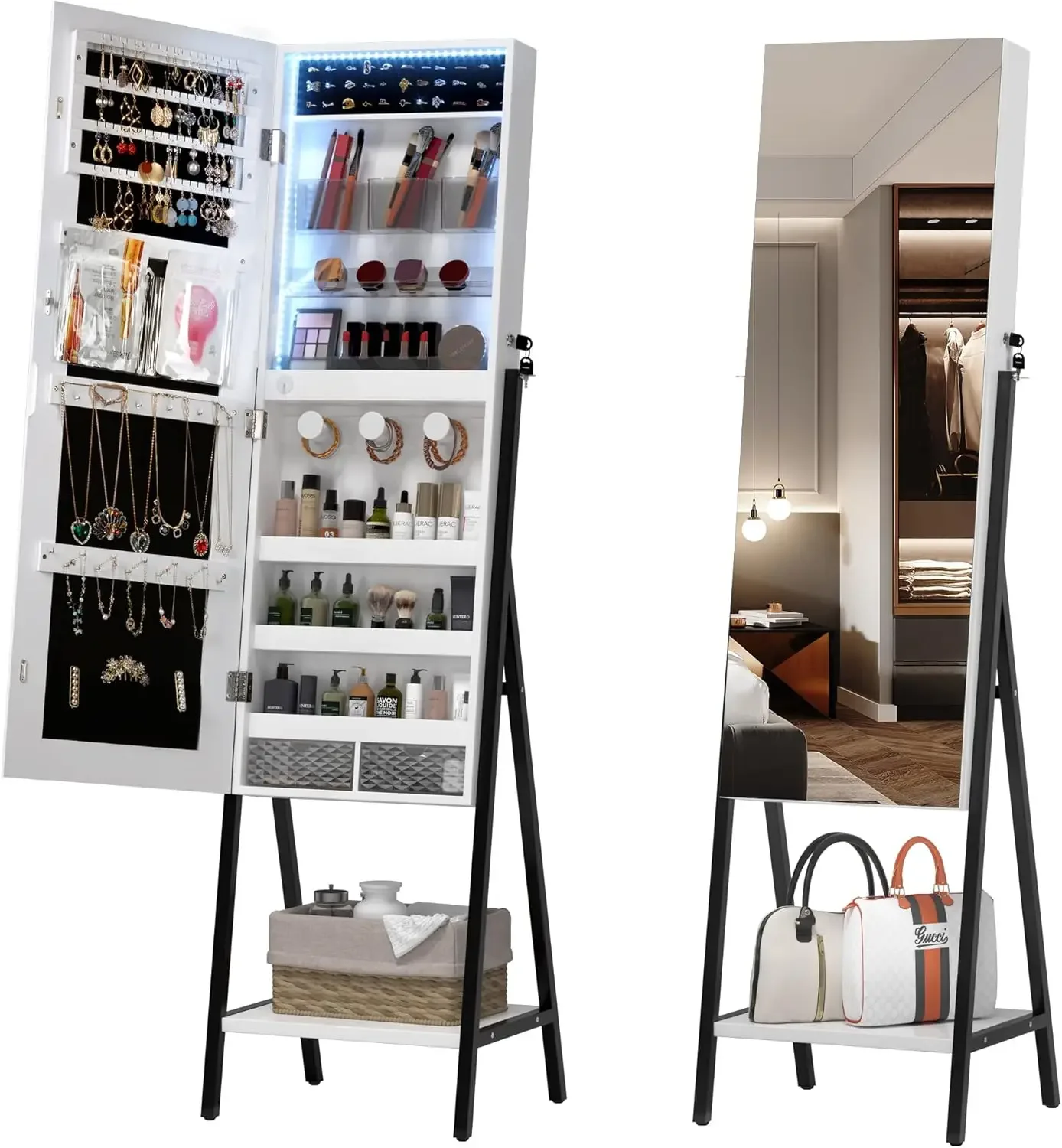 Gabinete de joyería con espejo de 3 LED de pie, espejo de joyería de 42,5" de longitud completa con almacenamiento, órgano independiente para gabinete de joyería