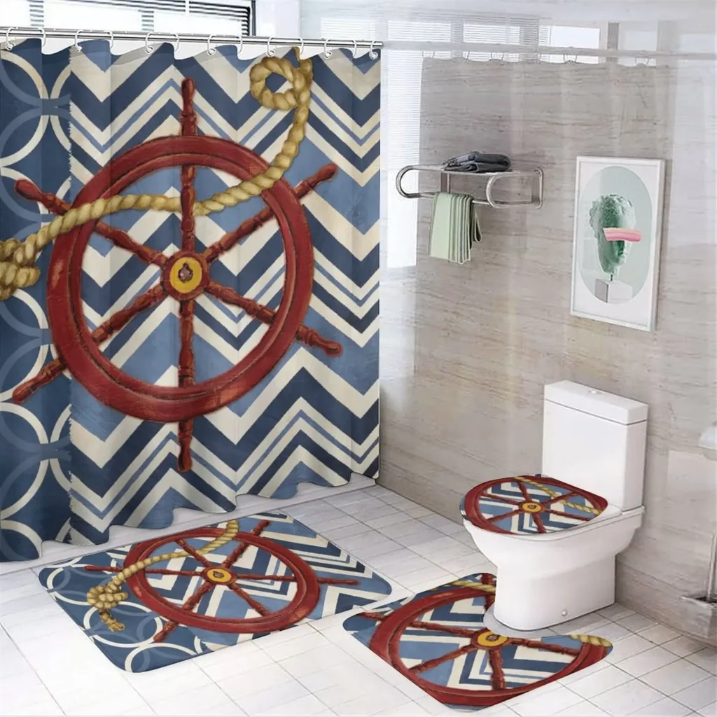 Cortina de ducha con timón de pintura de marinero náutico, alfombra antideslizante moderna, cortina de ducha de poliéster impermeable, decoración del hogar 180x180