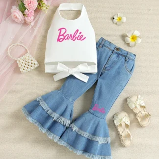 Barbie-ropa de 2 piezas para niños, traje Kawaii de dibujos animados, cuello Halter, Espalda descubierta, Top vaquero, pantalones acampanados, regalos, novedad de verano