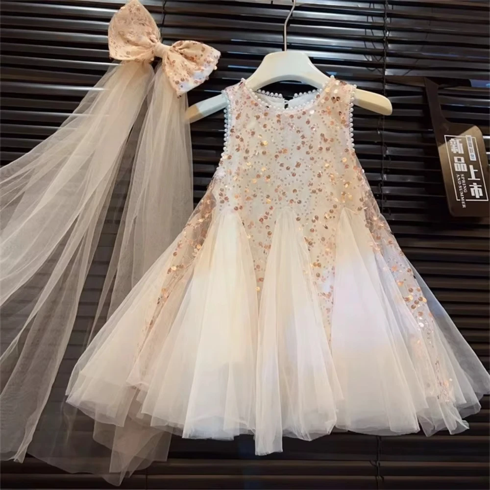 Novedad de verano, versión coreana, vestido sin mangas con lentejuelas para niñas, vestidos de princesa de malla de retales, ropa para fiesta de boda para niños + lazo