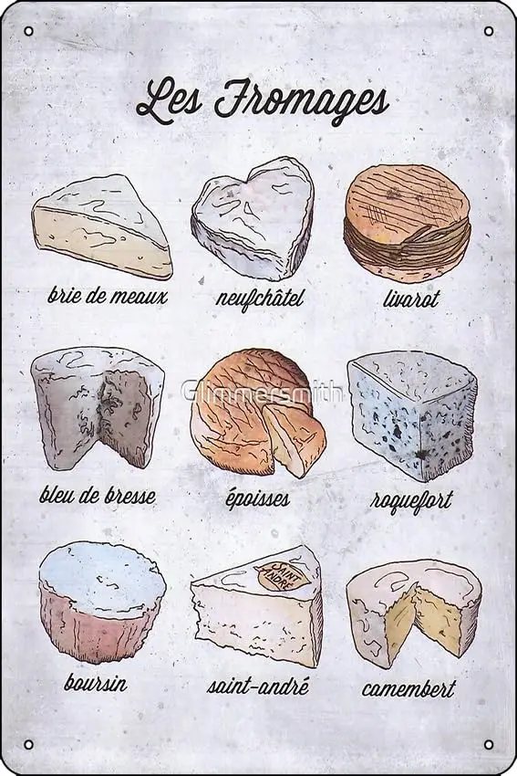 Cartel de guía de queso francés vintage, cartel de lata de Metal, arte divertido para el hogar, decoración de pared, 8x12 pulgadas