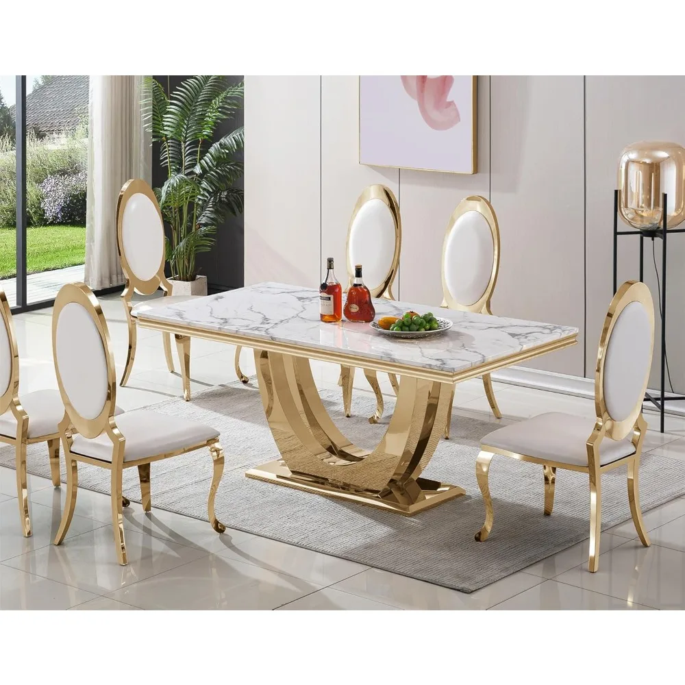 Mesa de comedor de 70 pulgadas con Base de Pedestal de acero inoxidable dorado para oficina en casa, muebles de cocina de mármol de imitación