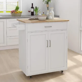 Isla de cocina con ruedas, carrito rodante blanco, gabinete de almacenamiento con encimera de madera maciza de goma