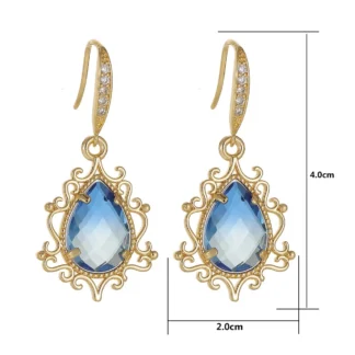 Pendientes de gota de cristal azul de circón para mujer, joyería romántica exquisita, Color degradado Retro, Color dorado