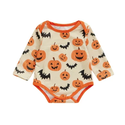 Pelele de Halloween para bebé, traje de manga larga con cuello redondo, estampado de murciélago de calabaza, traje de otoño para recién nacido